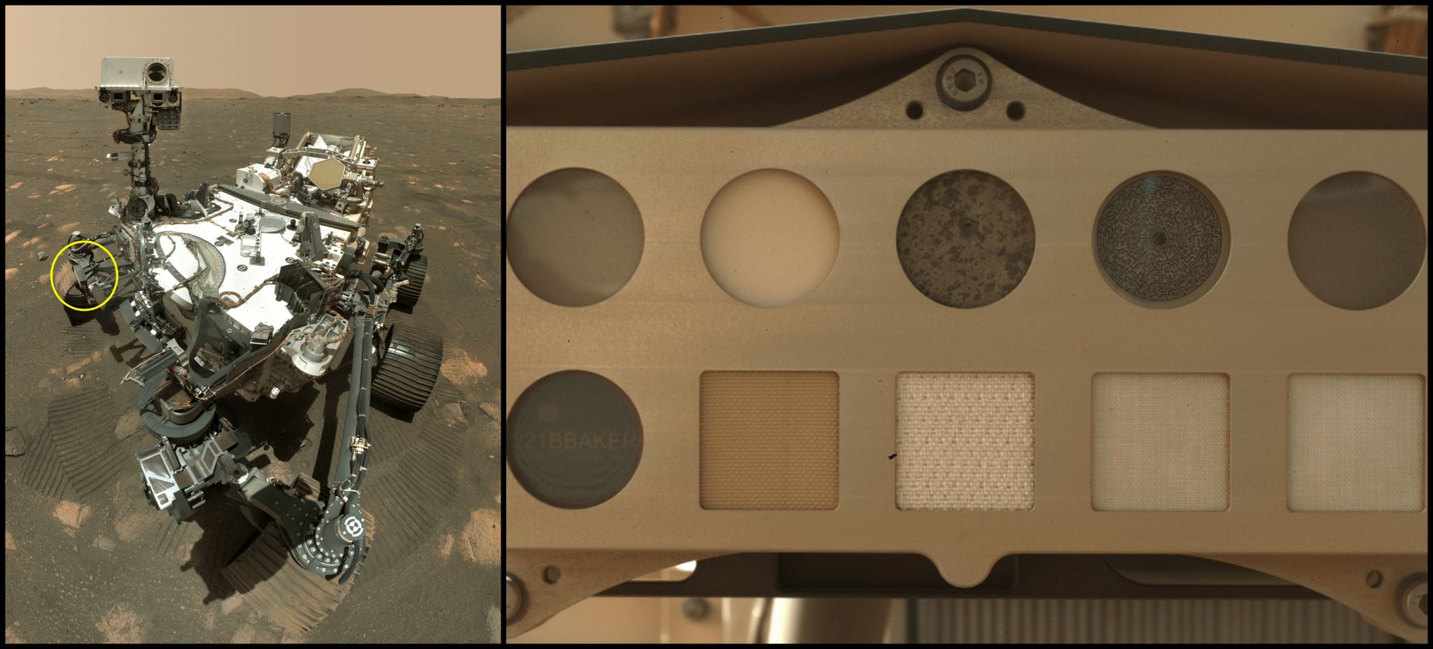 Perseverance Mars rover, with a circle indicating the location of the calibration target for the rov-er&rsquo;s SHERLOC instrument