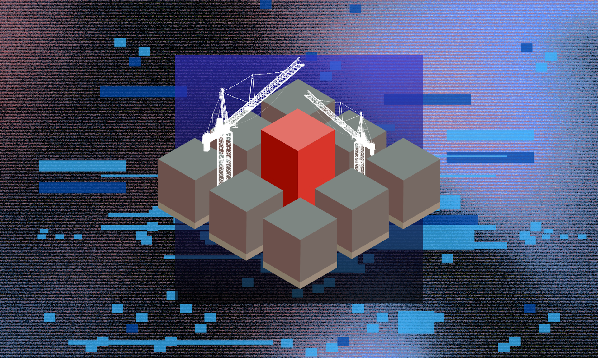 3D blocks and building cranes on a textured background
