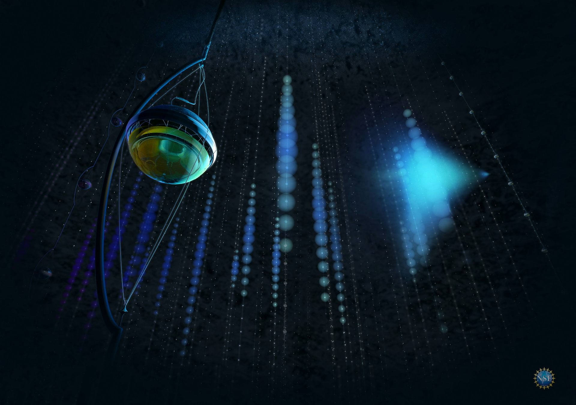 Blue dotted lines descend through a black background in an artist's rendering.