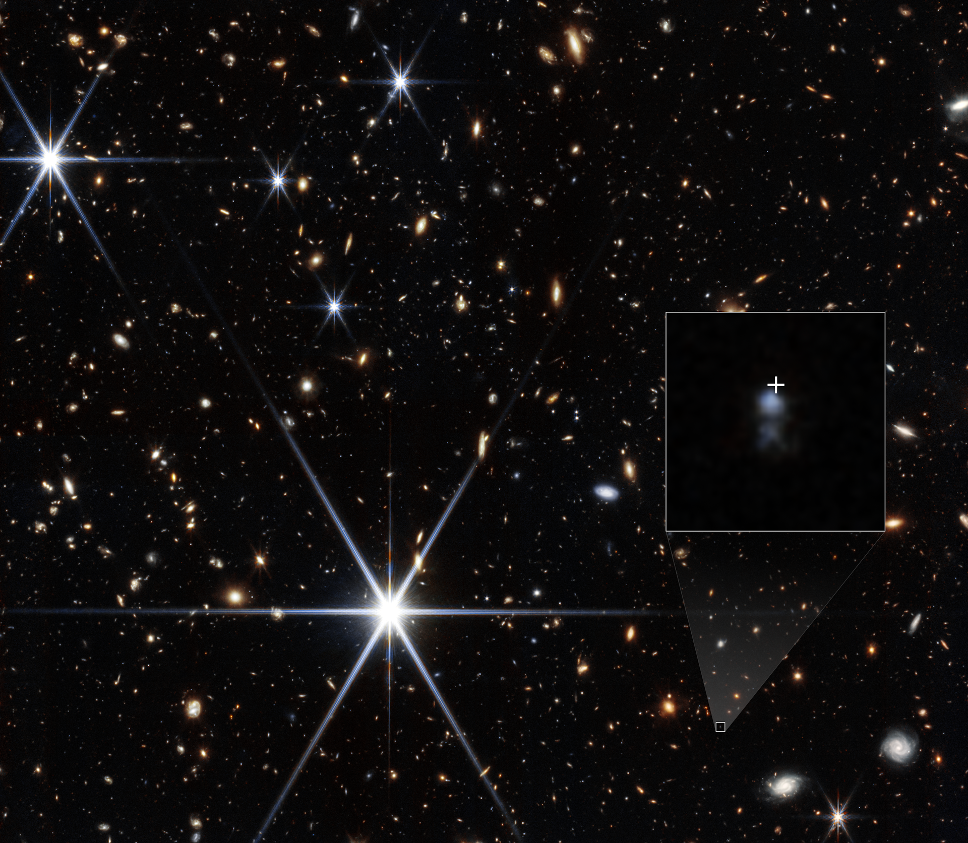 Photograph of the location of the fast radio burst taken by the James Webb Space Telescope’s Near-Infrared Camera. The host galaxy is shown by an inset along with a white cross marking the location where the radio signal originated from.