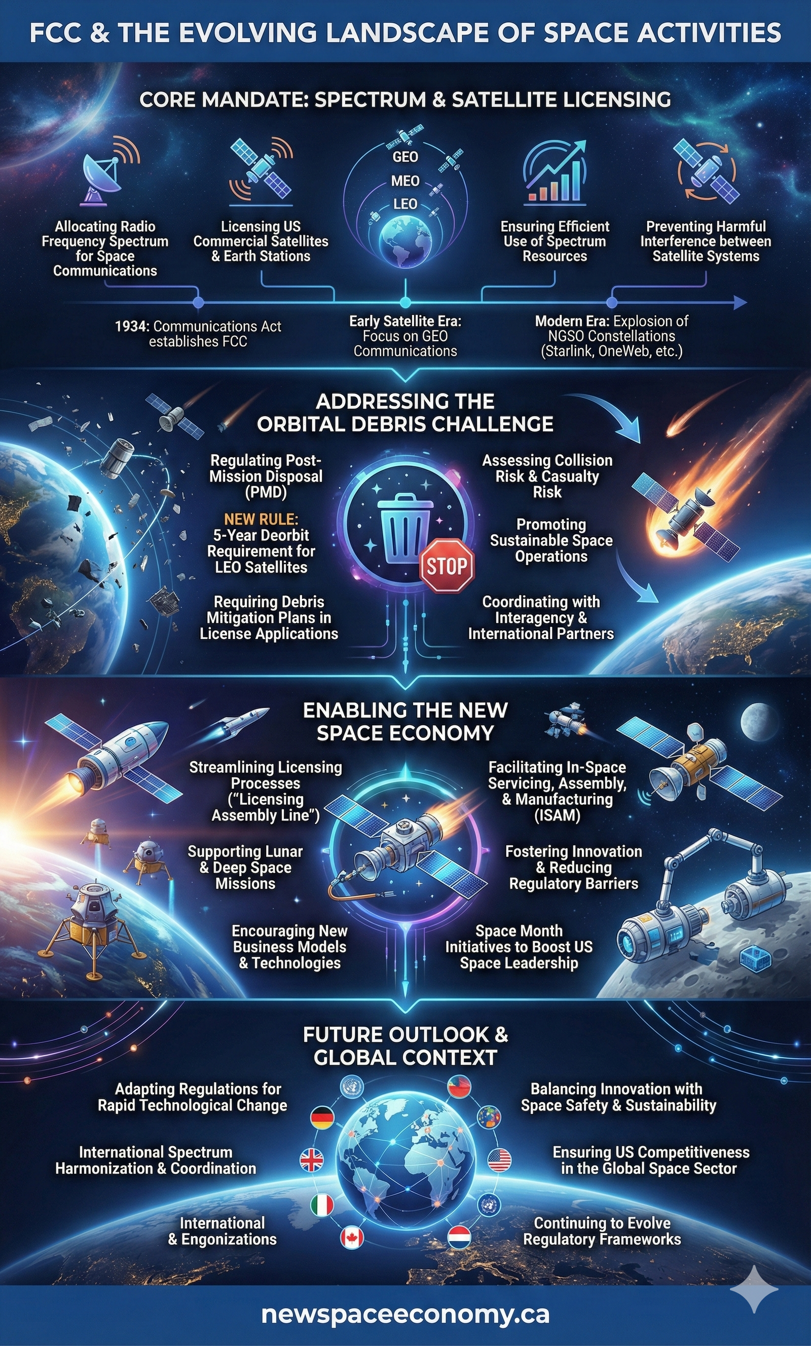 Infographic summarizing FCC mandate on spectrum licensing, orbital debris rules, space economy initiatives, and global regulatory outlook with illustrations of satellites, Earth, and timelines.