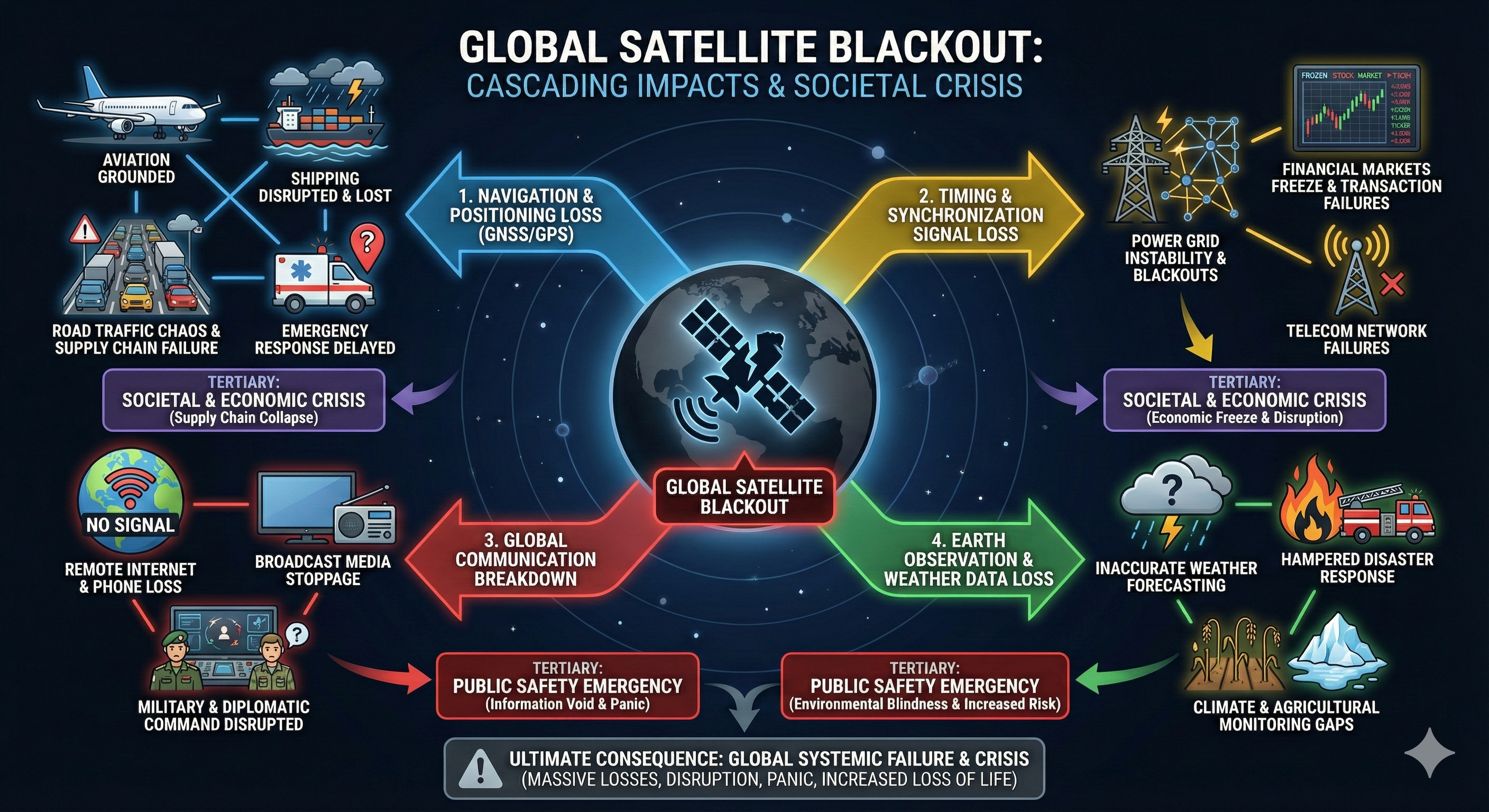 GLOBAL SATELLITE BLACKOUT: CASCADING IMPACTS & SOCIETAL CRISIS